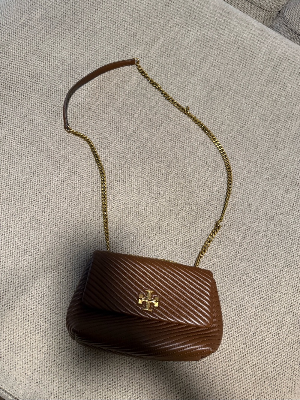 Tory Burch Brown Quilted Crossbody with Gold Chain